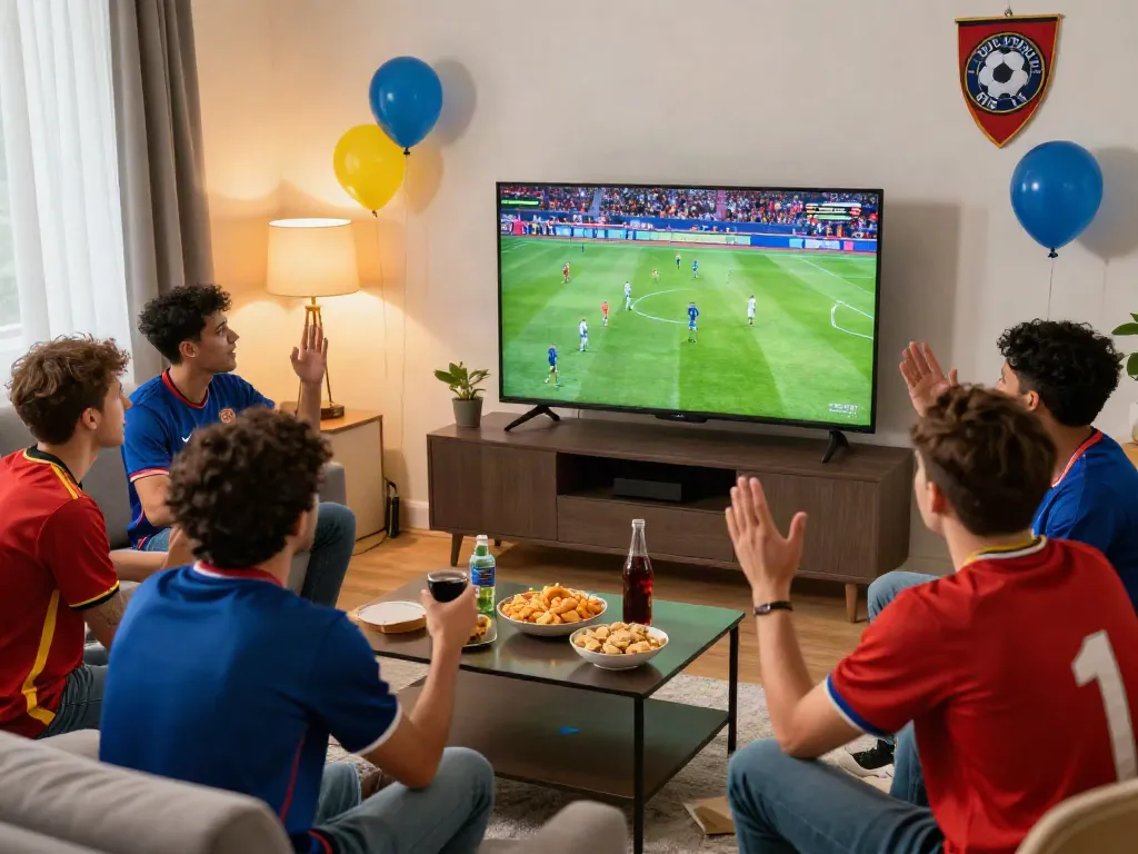 Fans enjoying a thrilling match on xôi lạc tv, surrounded by snacks and team colors.