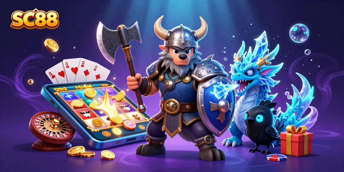 Engage with SC88's exciting slots as Viking warrior and icy dragon unleash jackpots in this 3D casino scene.