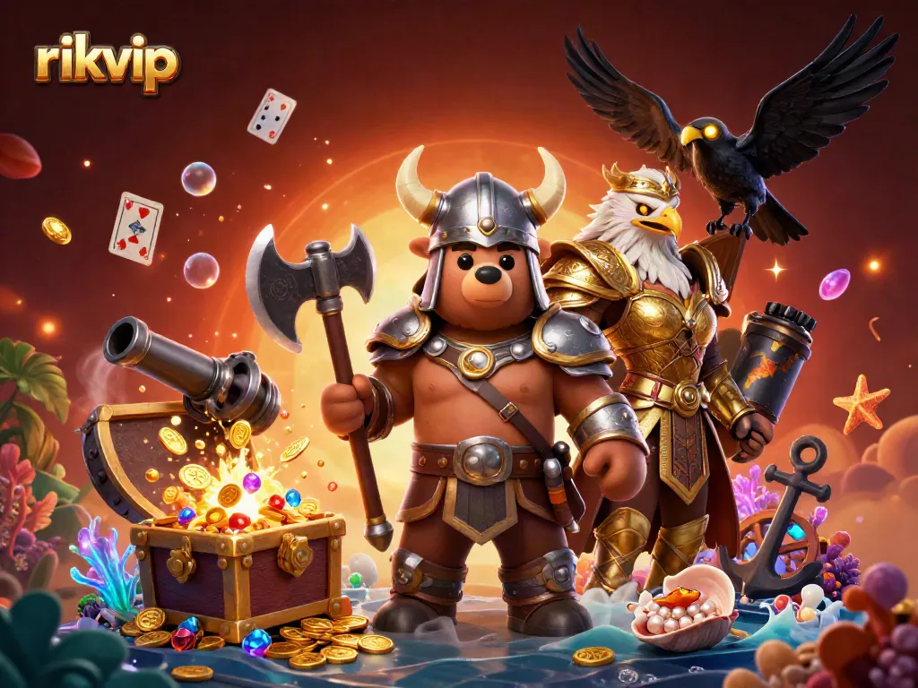 Engage with rikvip's thrilling gaming experience featuring 3D characters and vibrant casino elements.
