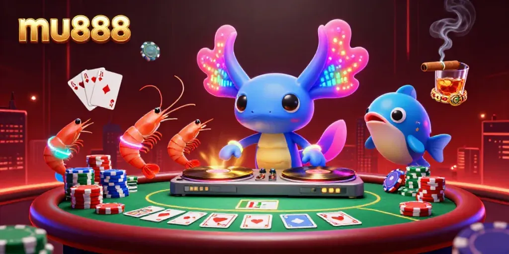 A vibrant mu888 underwater casino scene showcasing a neon axolotl DJ and interactive gambling elements.