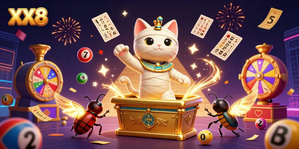 Experience the excitement of XX8 casino with a mummy cat and glowing scarab in a vibrant pyramid setting.