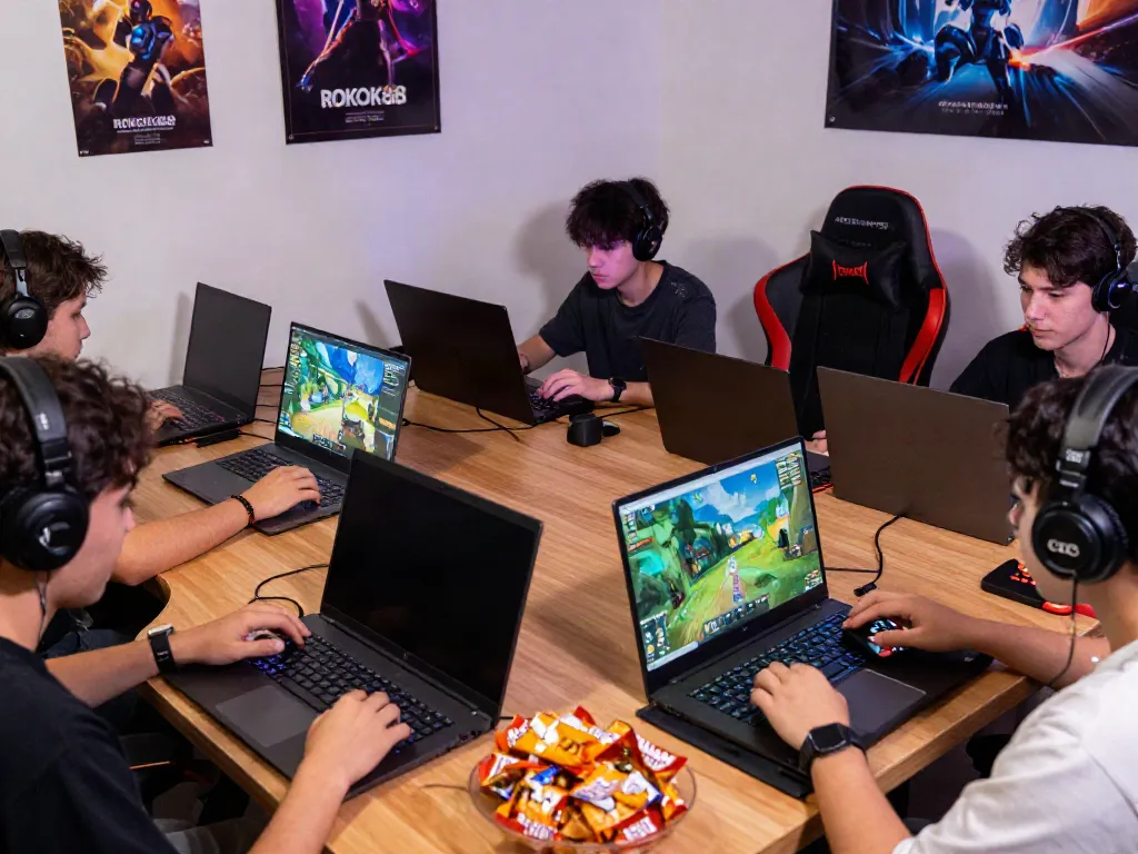 ROKOK88 login experience in an engaging gaming setup with friends, showcasing devices and ambient gaming atmosphere.