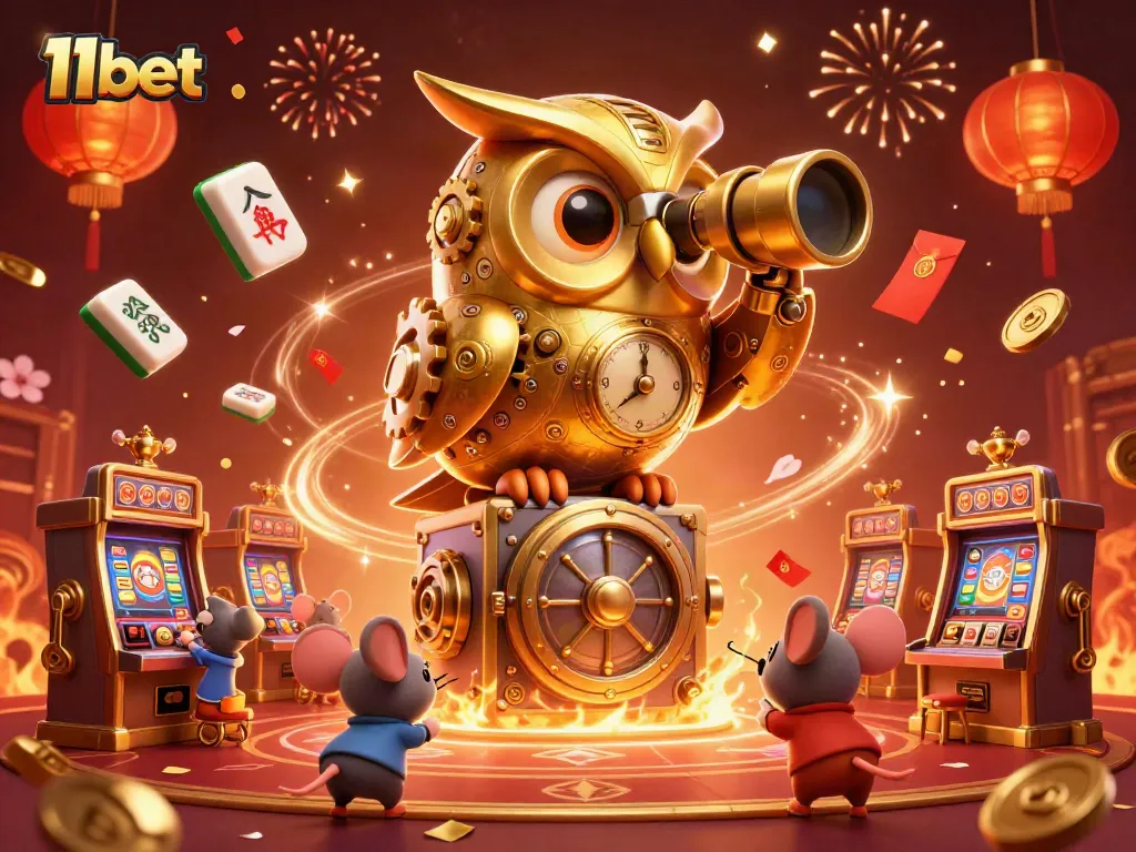 Experience thrilling gameplay with 11bet's golden owl overseeing dynamic casino action and celebration.