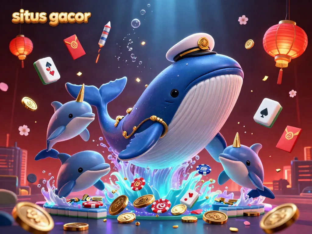Experience excitement with the situs gacor scene featuring a cartoon whale in a captain's coat surrounded by playful dolphins and gaming elements.
