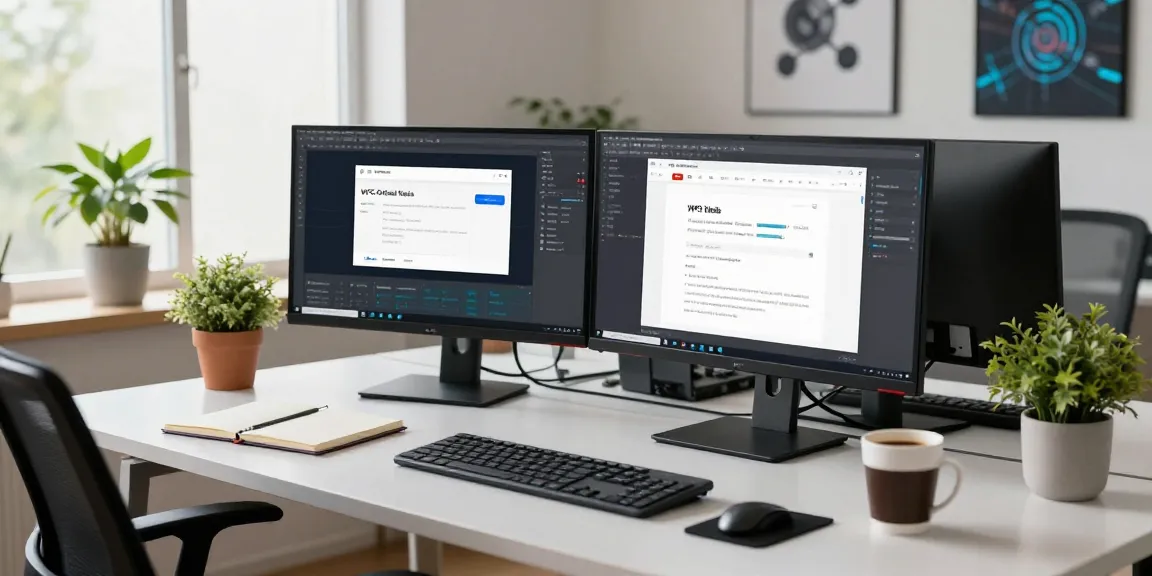 Focused professional using WPS Official Website in a modern office workspace with multiple monitors and bright natural light.
