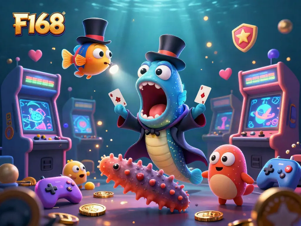 Engaging F168 casino scene with playful sea creatures showcasing card tricks and gambling elements, captivating underwater setting.