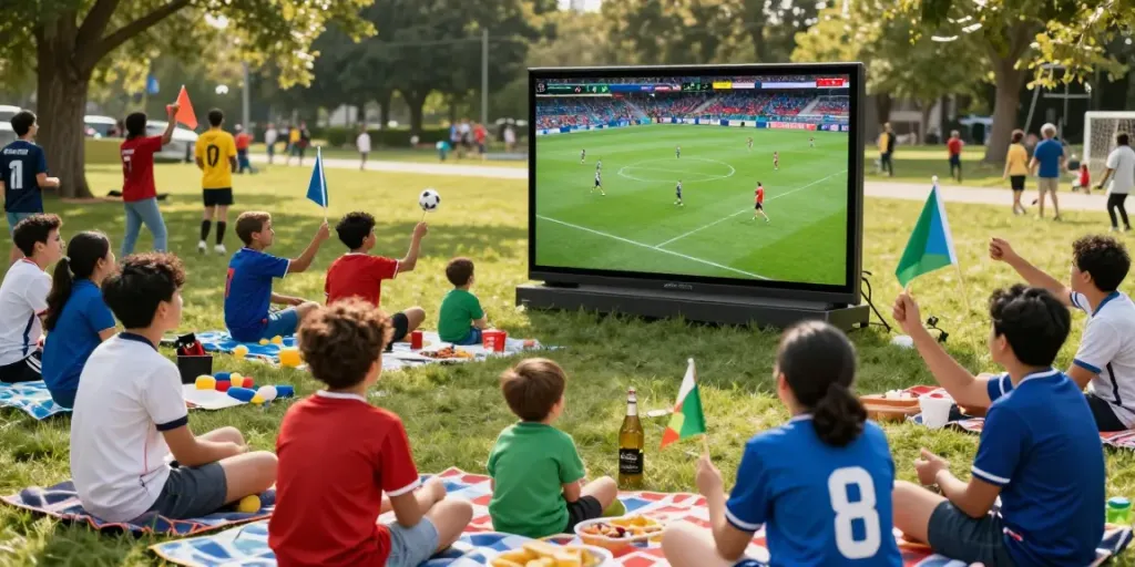 Excited fans enjoying cà khại tv football match outdoors with friends.